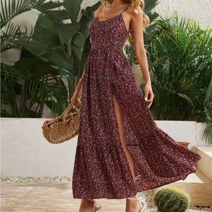 SHEIN Burgundy Floral Side Slit Dress